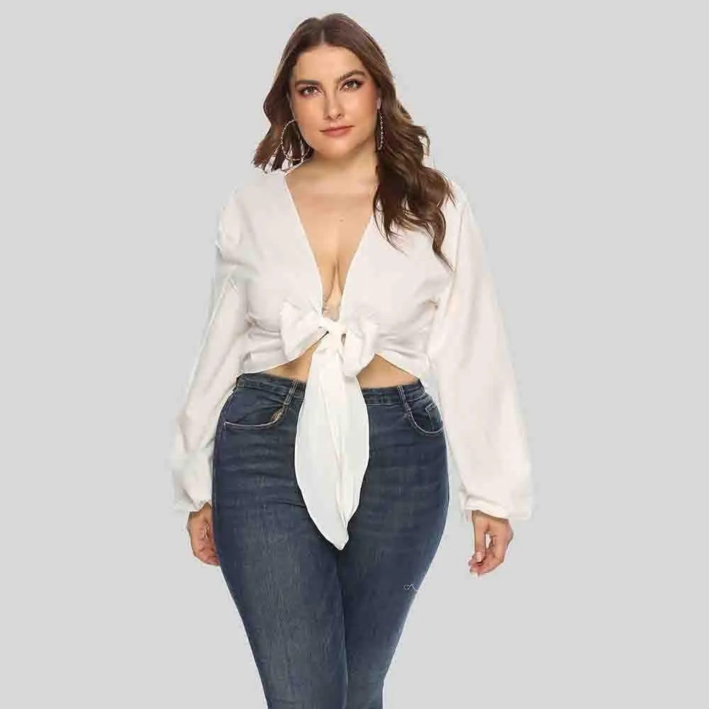 Plunge Neck Tie Front Blouse