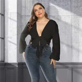 Plunge Neck Tie Front Blouse