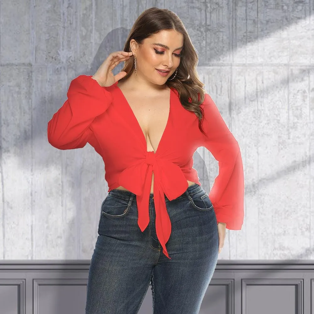 Plunge Neck Tie Front Blouse