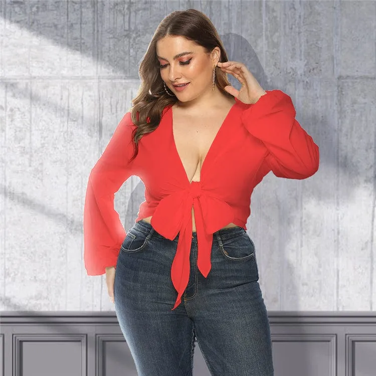 Plunge Neck Tie Front Blouse