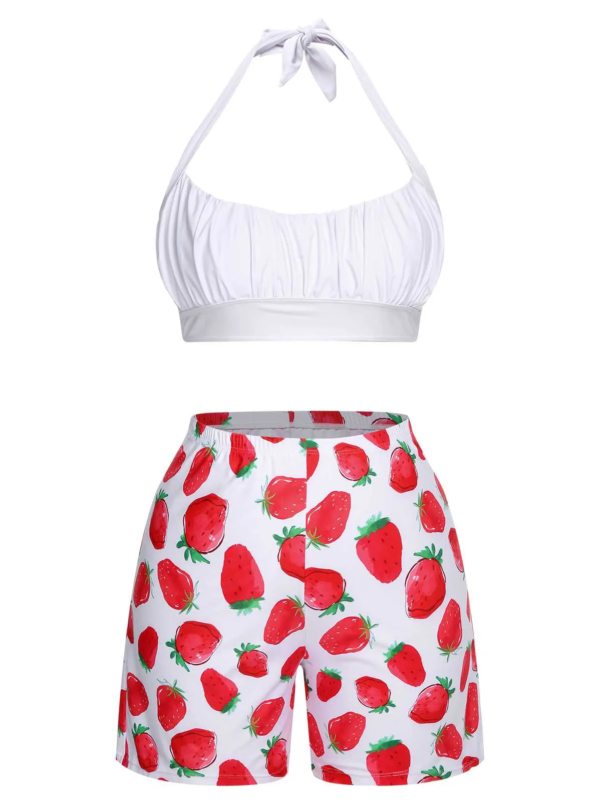 [Plus Size] 1930s Halter Strawberry Swimsuit Set