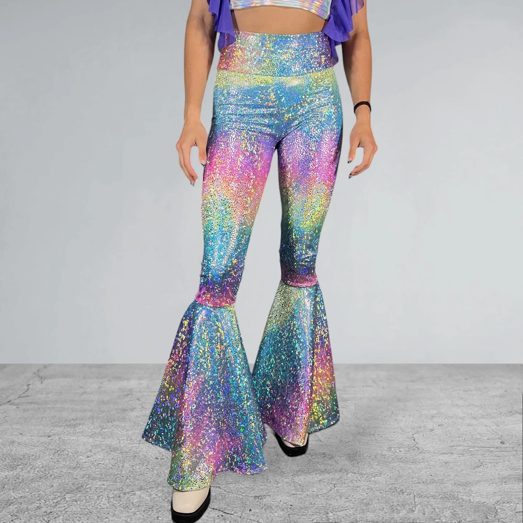 Rainbow Bell Bottoms | Pastel Avatar Ombre Flare Pants High-Waisted - Rave, Festival, EDM, Disco