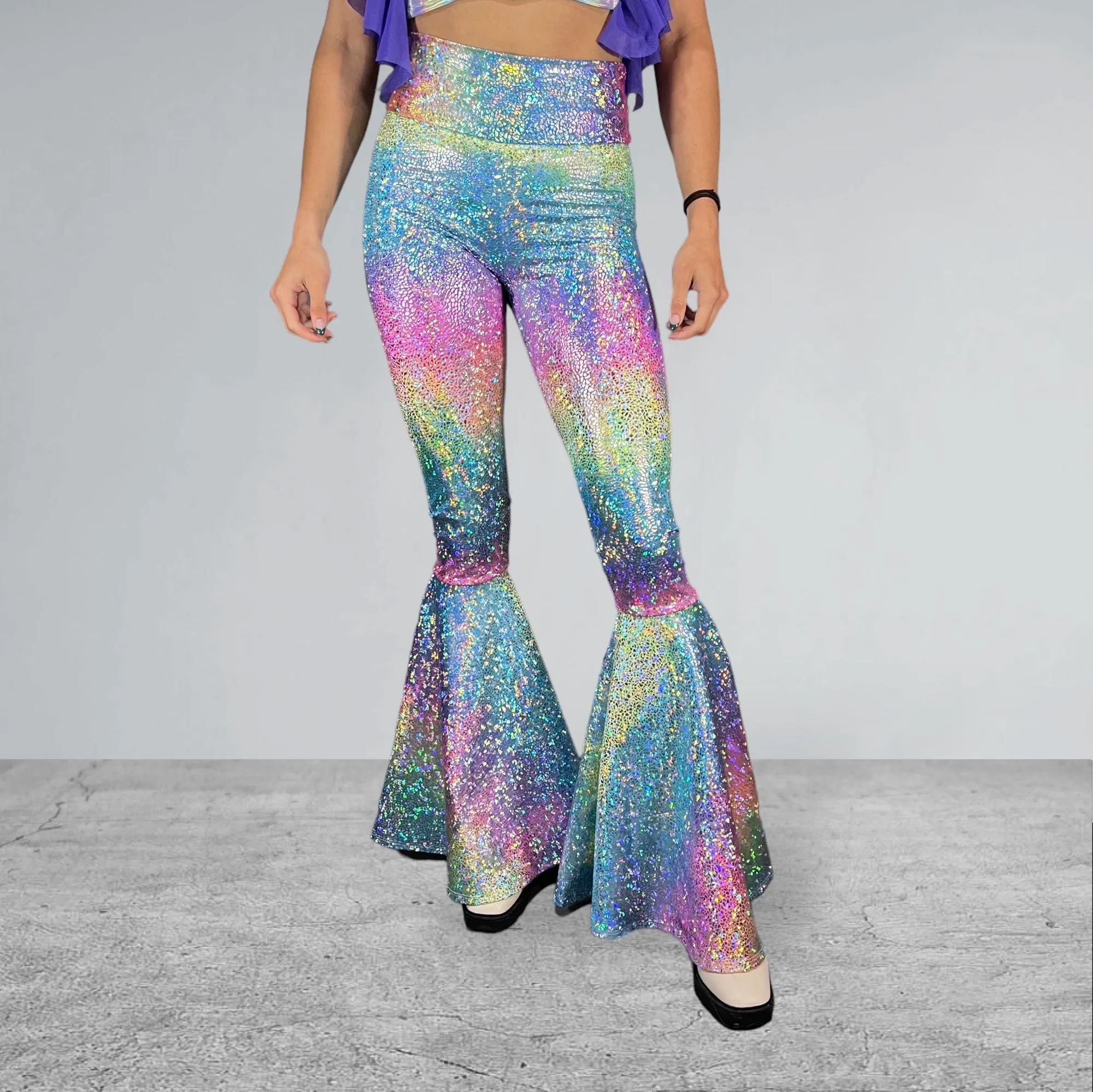 Rainbow Bell Bottoms | Pastel Avatar Ombre Flare Pants High-Waisted - Rave, Festival, EDM, Disco