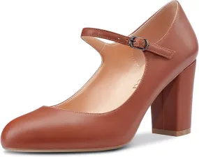 Saekcted Women Chunky Heel Pumps Mary Jane High Heels Round-Toe Shoes Dinner Wedding Pump 3Inch Block Heels