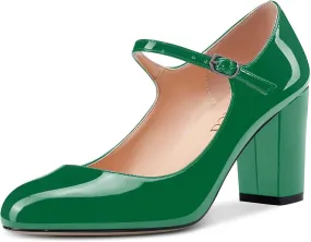 Saekcted Women Chunky Heel Pumps Mary Jane High Heels Round-Toe Shoes Dinner Wedding Pump 3Inch Block Heels