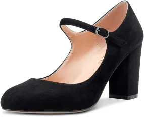 Saekcted Women Chunky Heel Pumps Mary Jane High Heels Round-Toe Shoes Dinner Wedding Pump 3Inch Block Heels