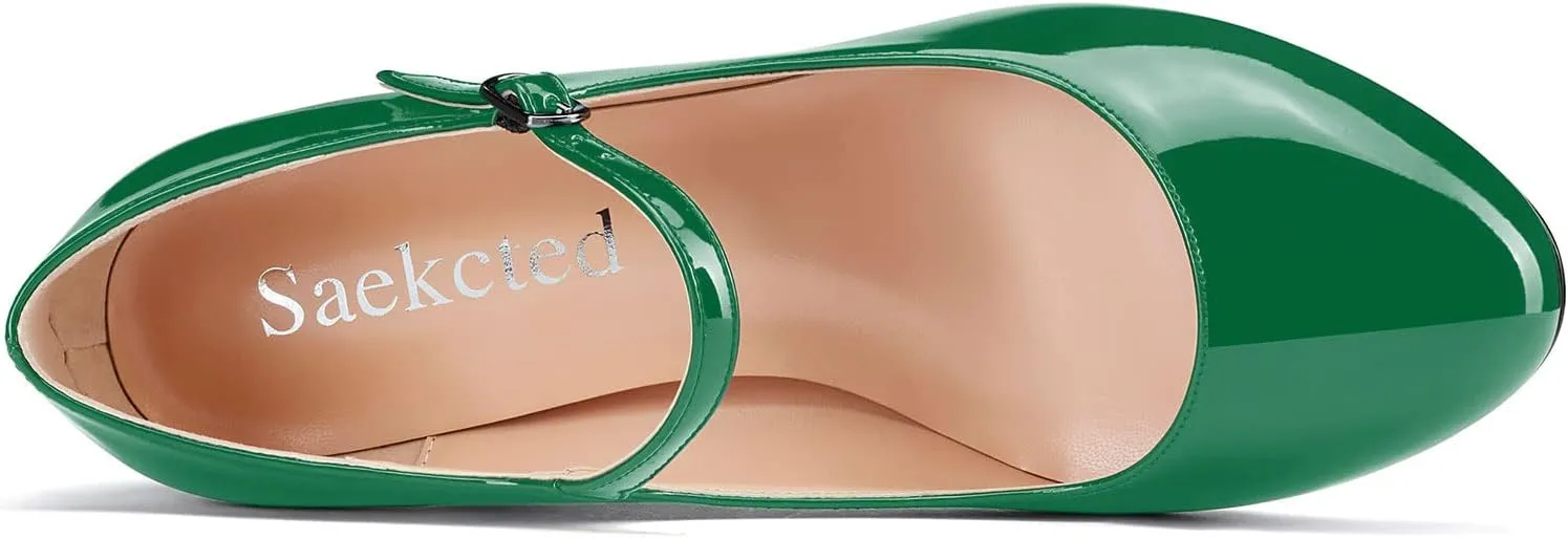 Saekcted Women Chunky Heel Pumps Mary Jane High Heels Round-Toe Shoes Dinner Wedding Pump 3Inch Block Heels