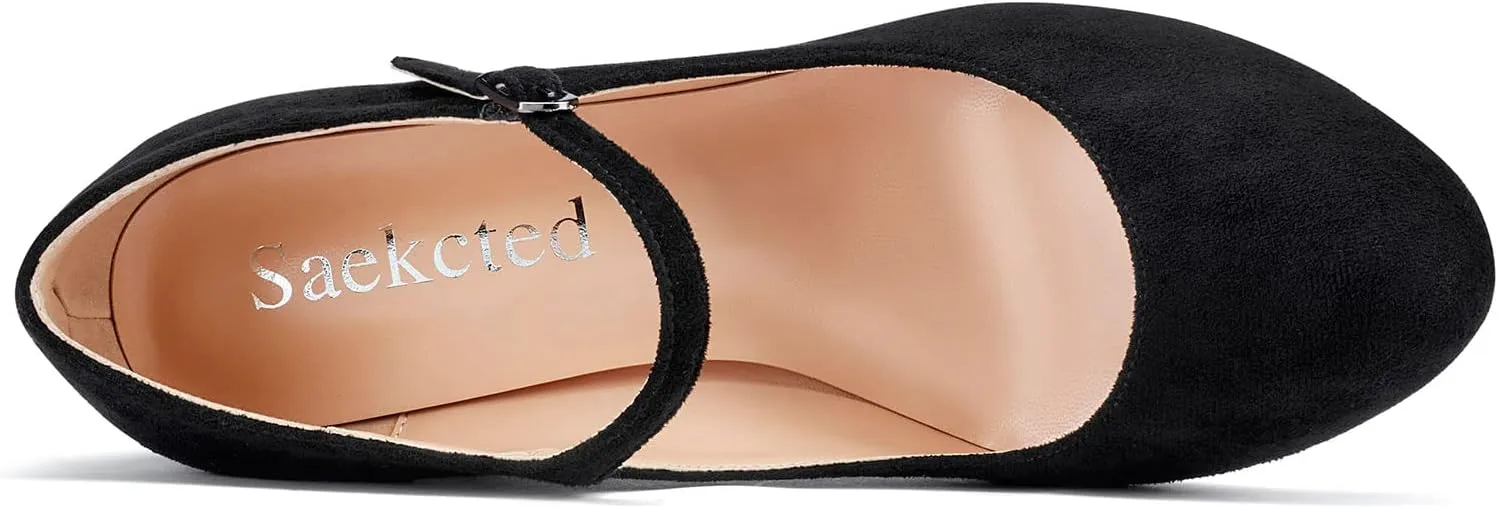 Saekcted Women Chunky Heel Pumps Mary Jane High Heels Round-Toe Shoes Dinner Wedding Pump 3Inch Block Heels