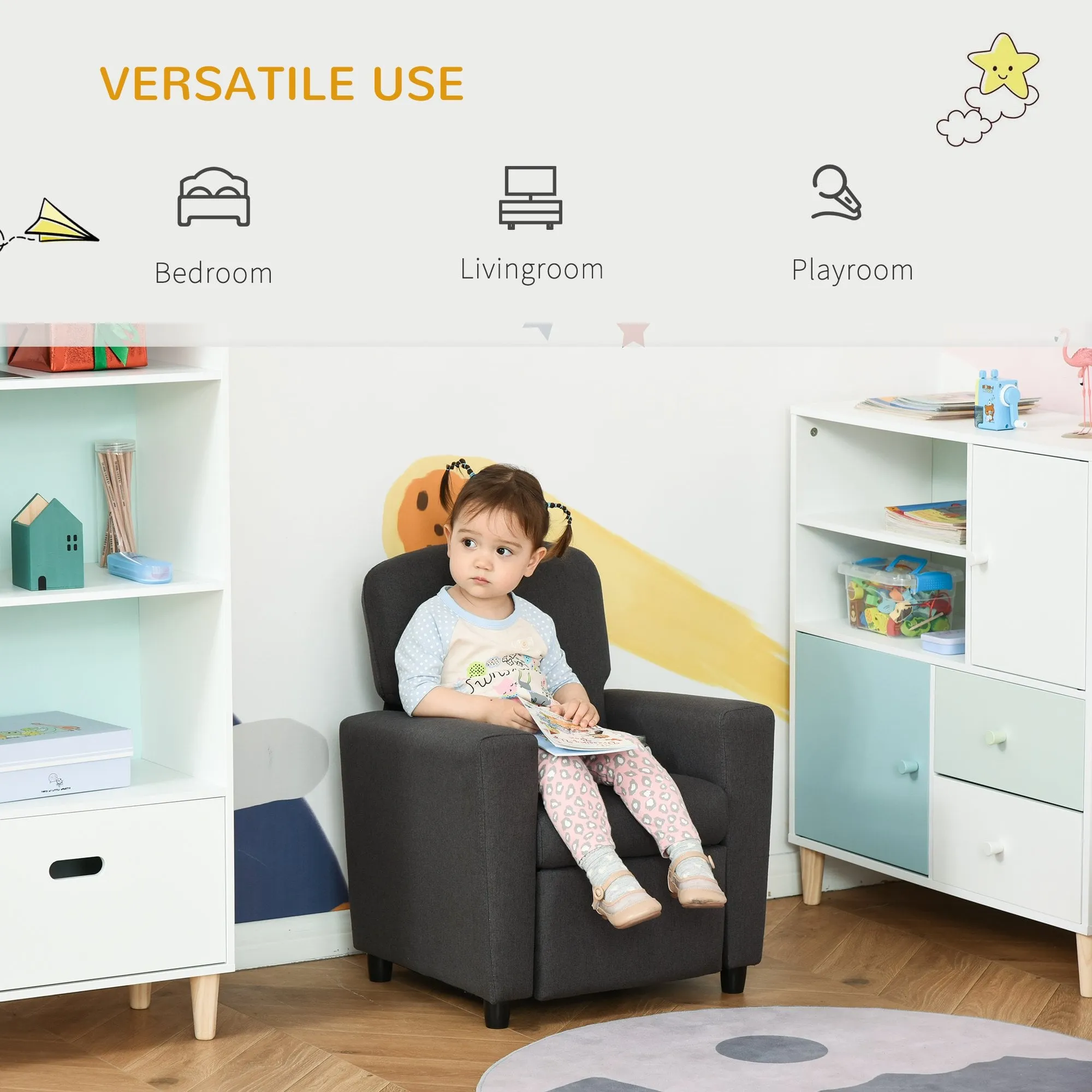 Single Seater Kids Sofa Chair with Footrest Recliner Upholstered Armchair for Children Playroom Bedroom Living room, Grey Linen