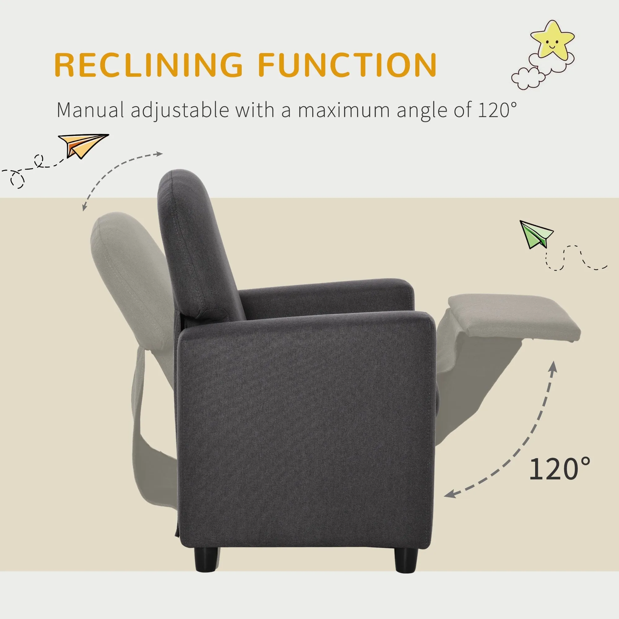 Single Seater Kids Sofa Chair with Footrest Recliner Upholstered Armchair for Children Playroom Bedroom Living room, Grey Linen