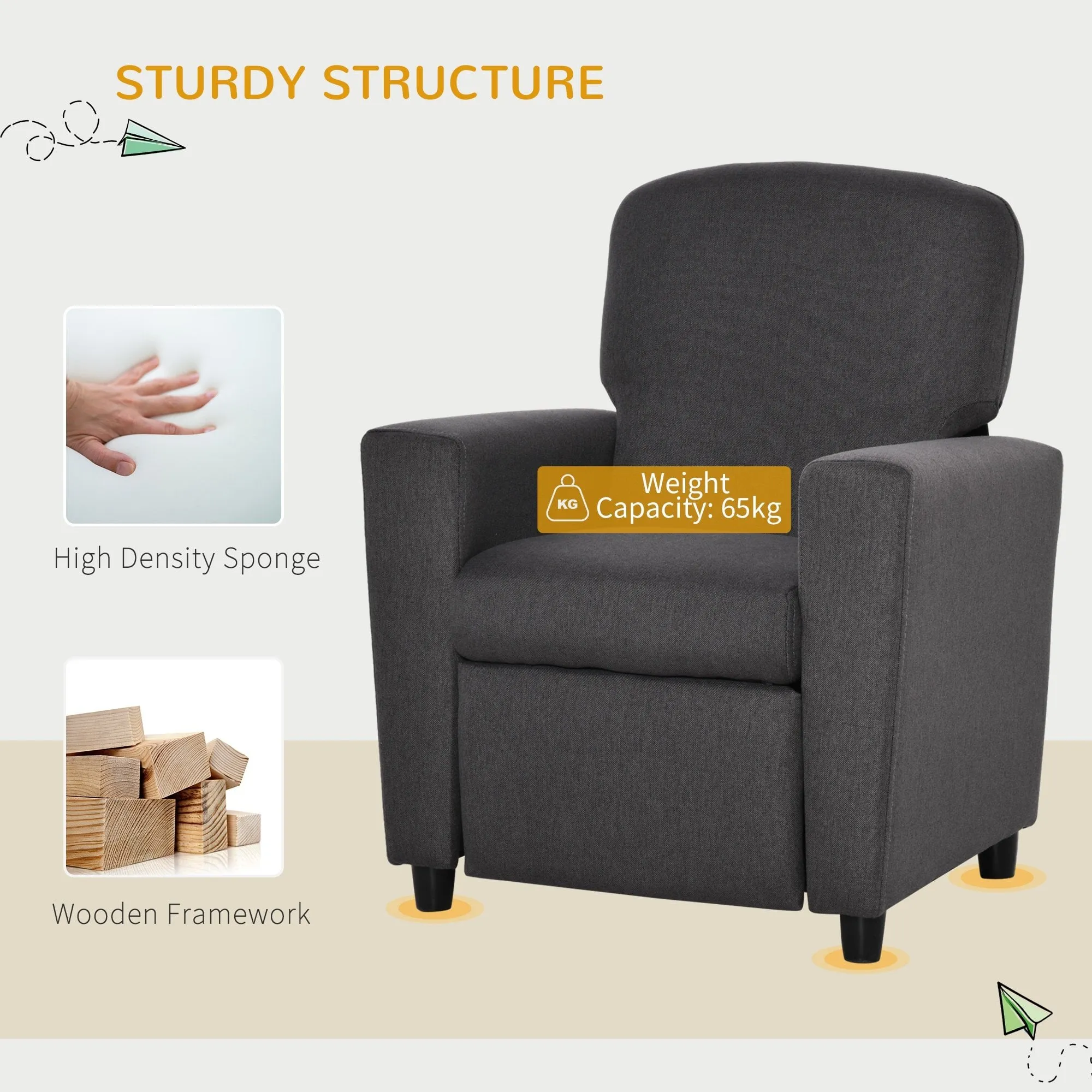 Single Seater Kids Sofa Chair with Footrest Recliner Upholstered Armchair for Children Playroom Bedroom Living room, Grey Linen