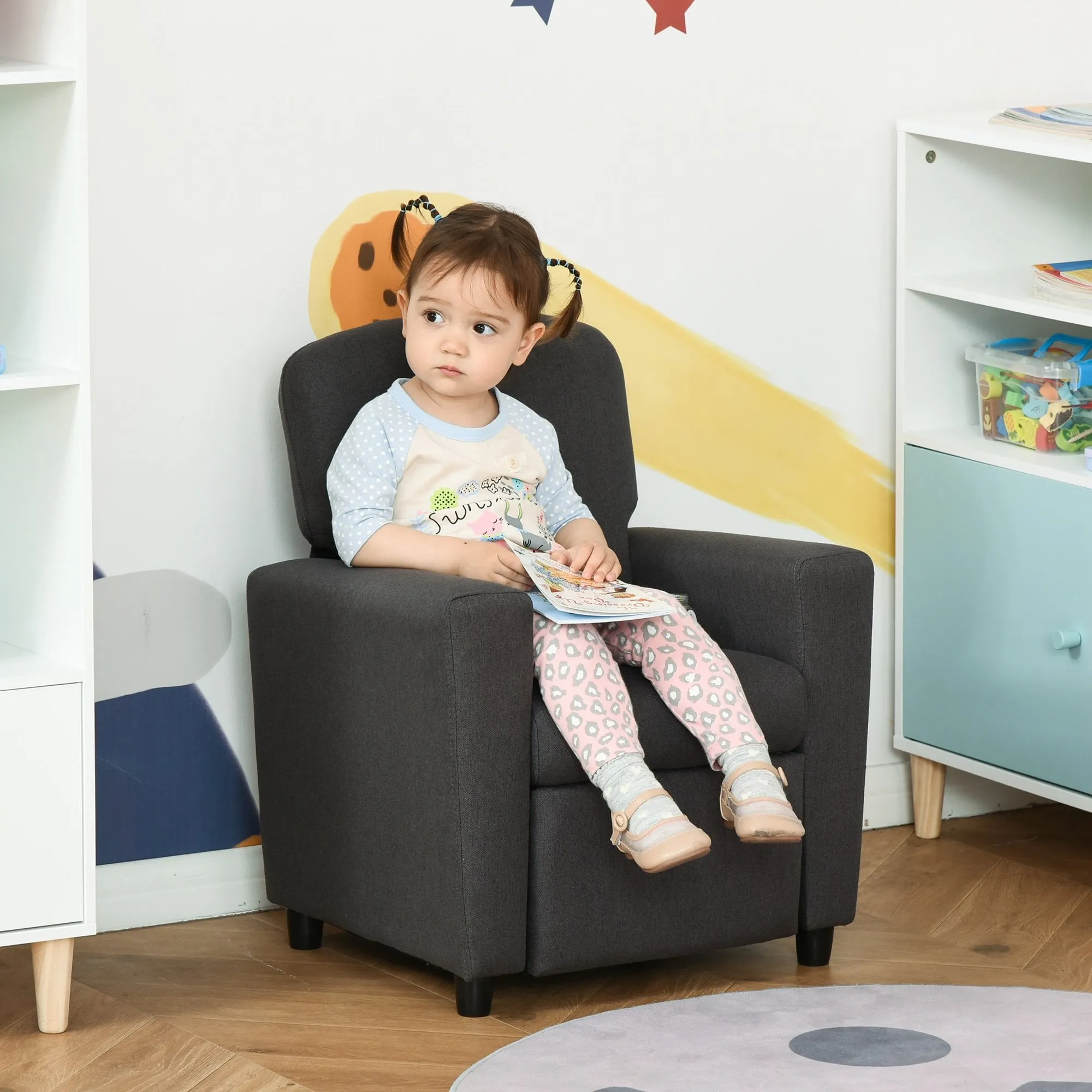 Single Seater Kids Sofa Chair with Footrest Recliner Upholstered Armchair for Children Playroom Bedroom Living room, Grey Linen