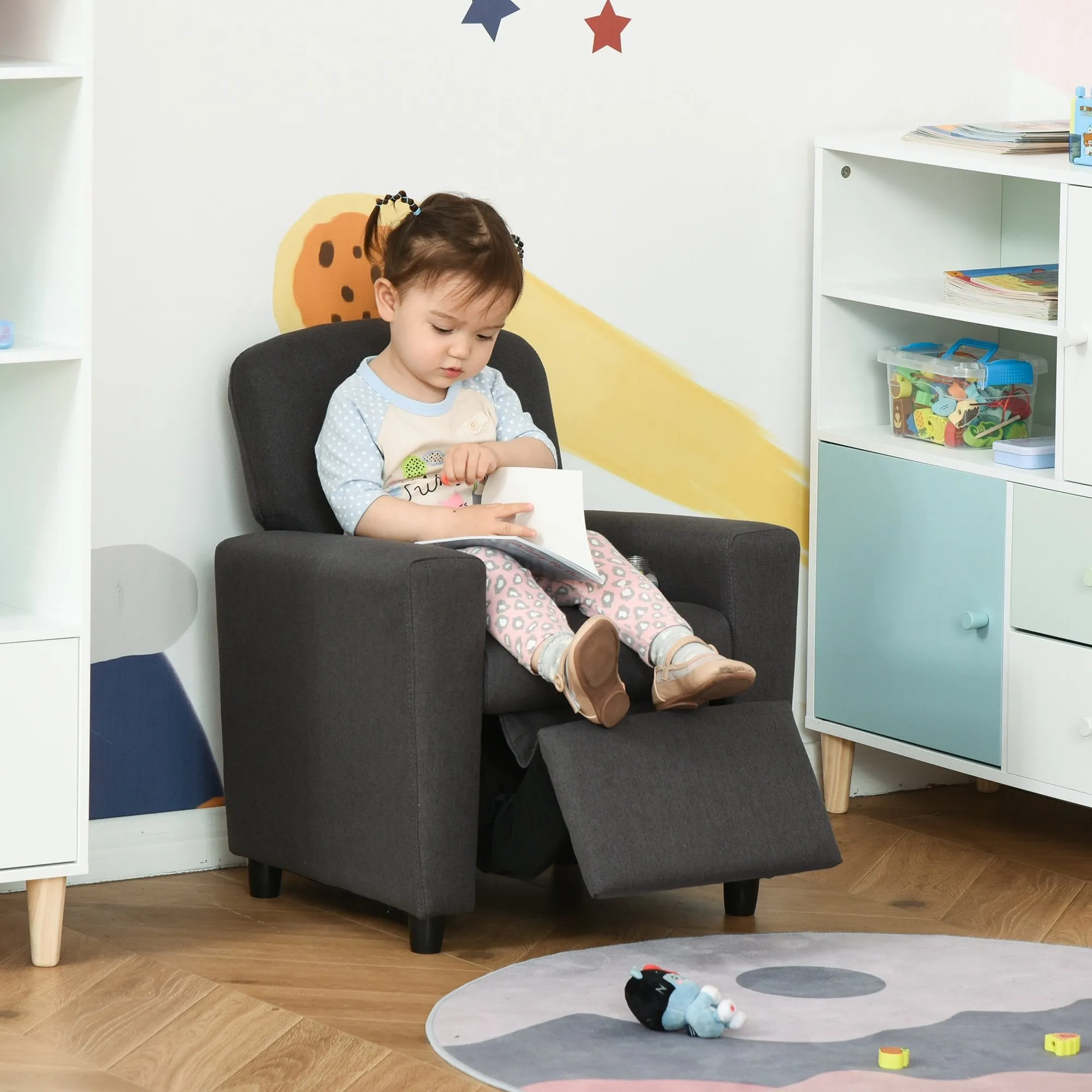 Single Seater Kids Sofa Chair with Footrest Recliner Upholstered Armchair for Children Playroom Bedroom Living room, Grey Linen