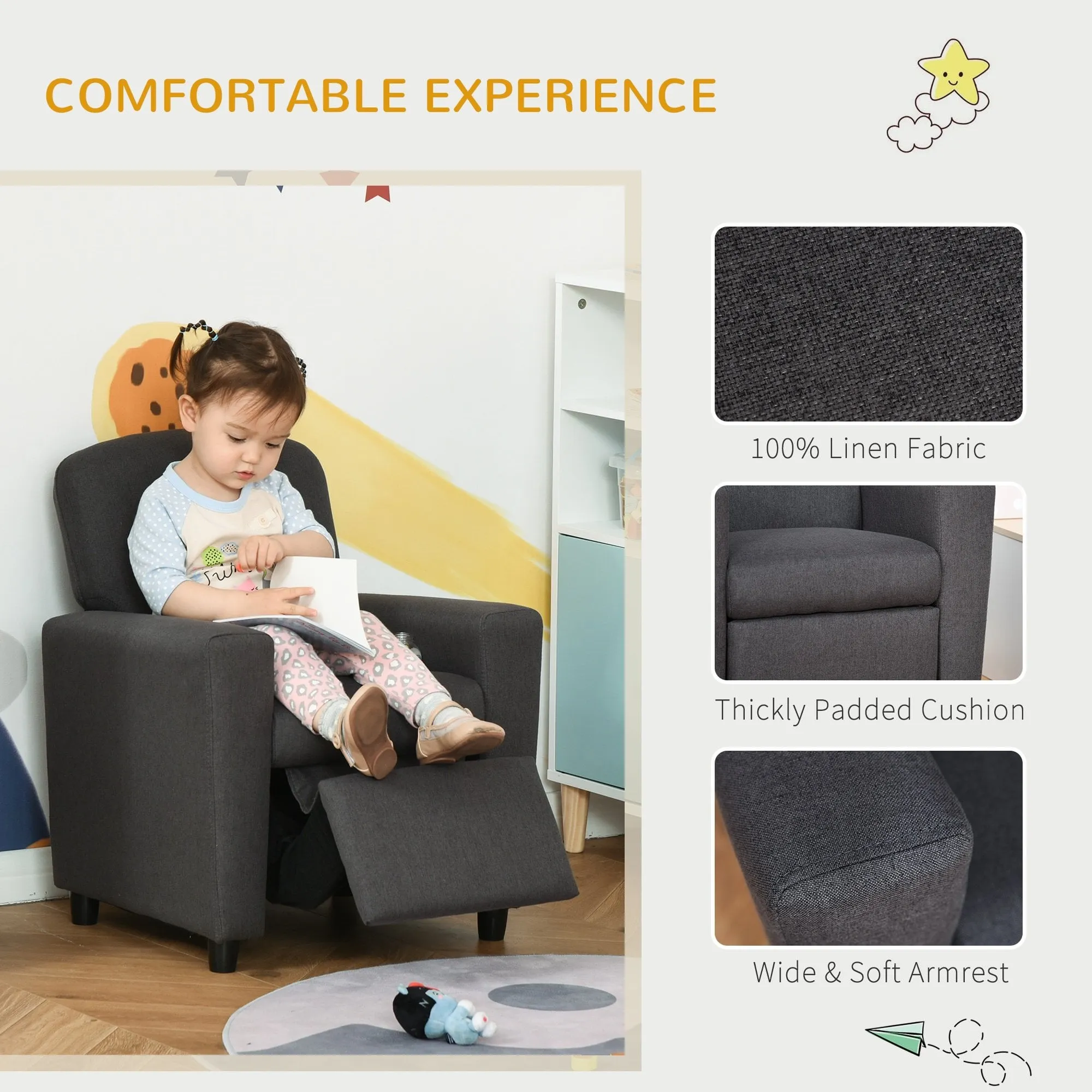 Single Seater Kids Sofa Chair with Footrest Recliner Upholstered Armchair for Children Playroom Bedroom Living room, Grey Linen