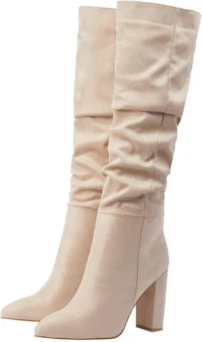 Trendenzy Women's Slouch Knee High Boots Pointed Toe Chunky Heel Long Boots