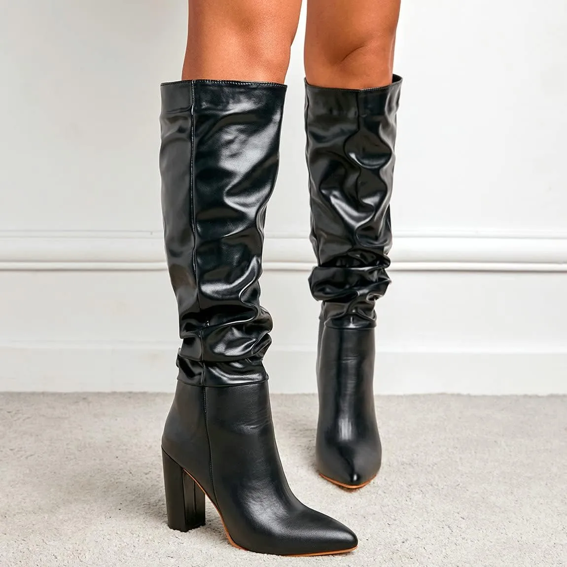 Trendenzy Women's Slouch Knee High Boots Pointed Toe Chunky Heel Long Boots