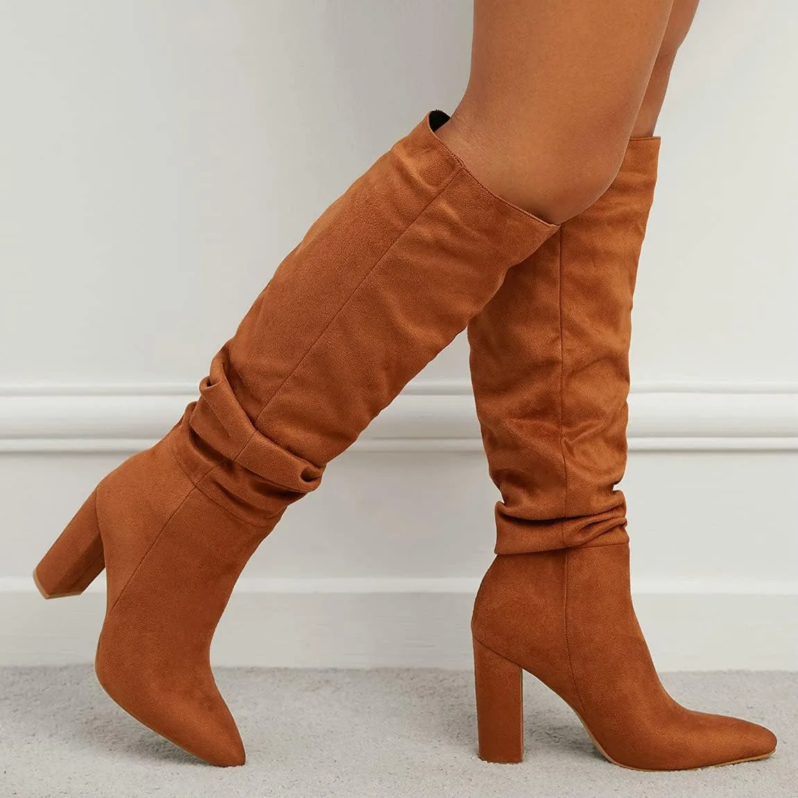 Trendenzy Women's Slouch Knee High Boots Pointed Toe Chunky Heel Long Boots