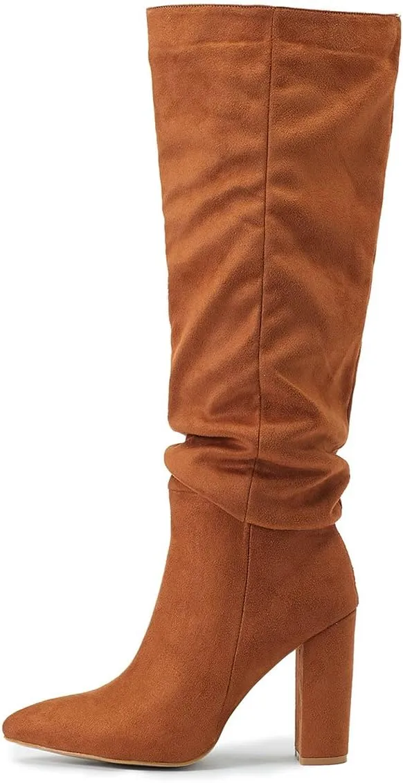 Trendenzy Women's Slouch Knee High Boots Pointed Toe Chunky Heel Long Boots