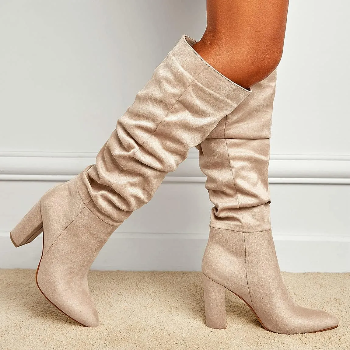 Trendenzy Women's Slouch Knee High Boots Pointed Toe Chunky Heel Long Boots