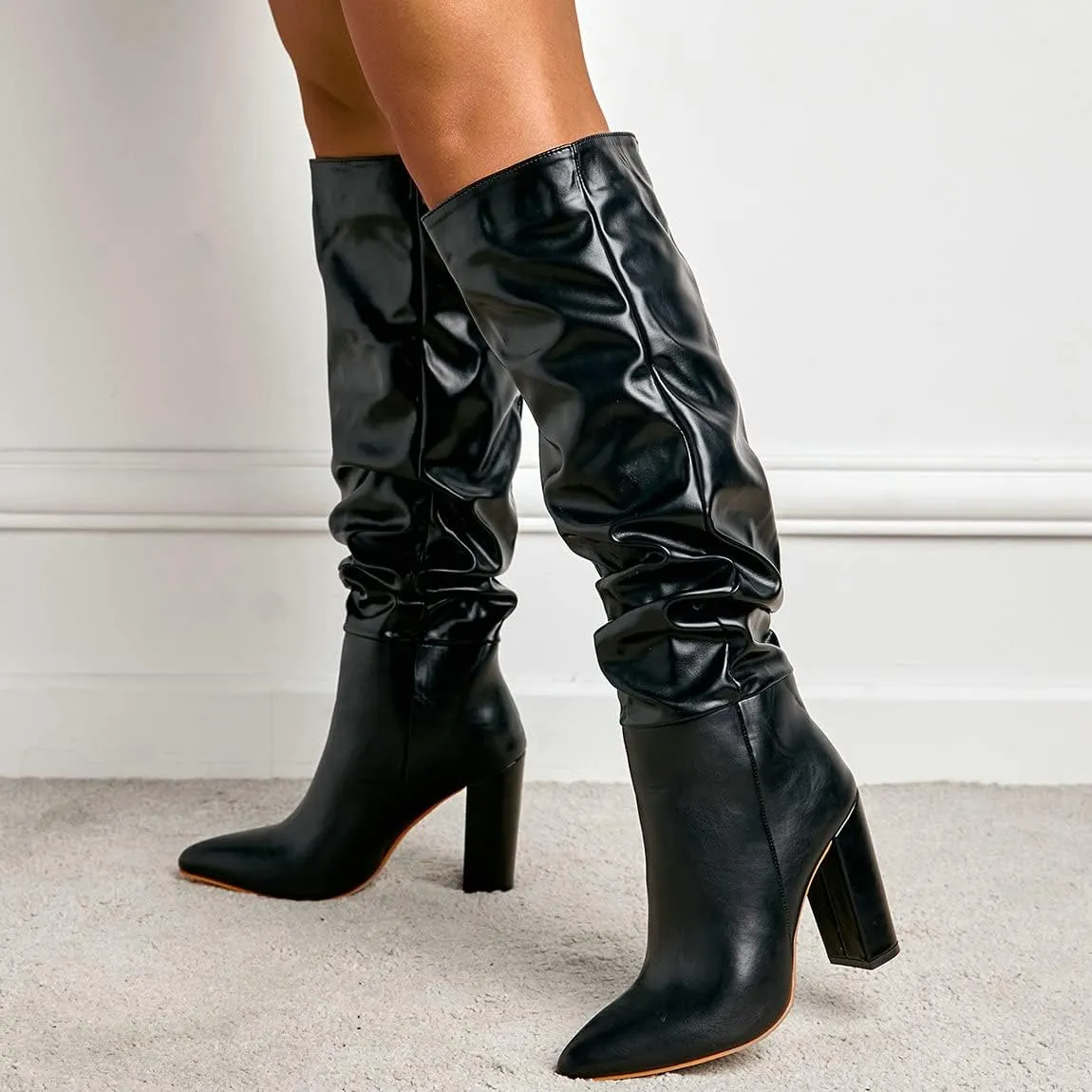Trendenzy Women's Slouch Knee High Boots Pointed Toe Chunky Heel Long Boots