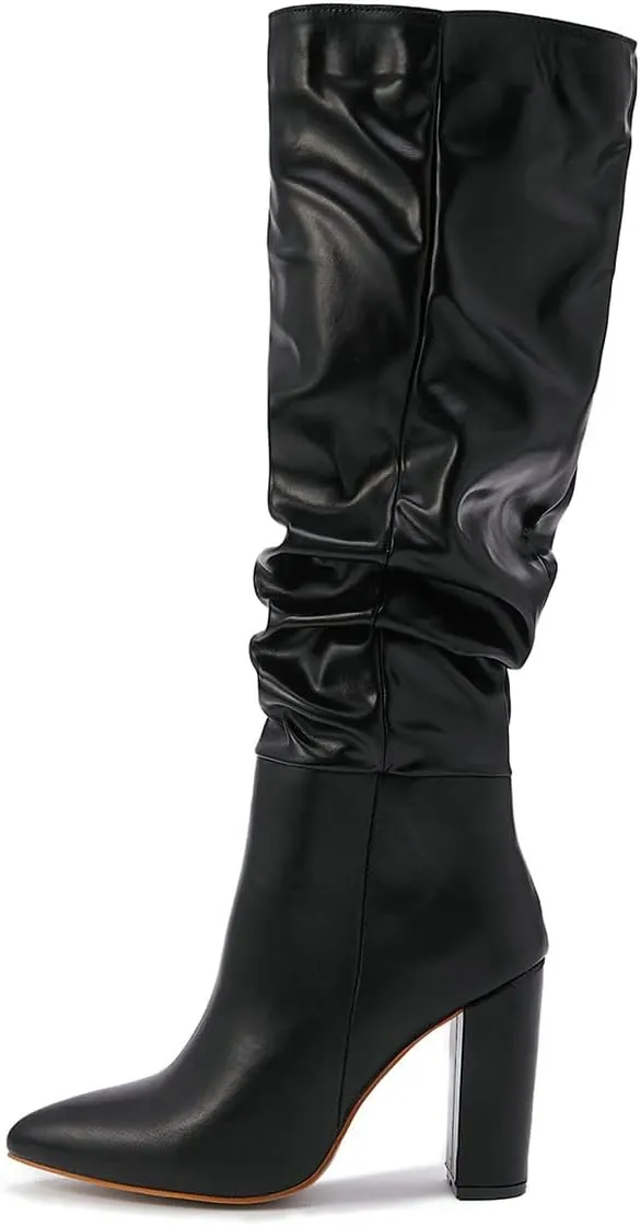 Trendenzy Women's Slouch Knee High Boots Pointed Toe Chunky Heel Long Boots