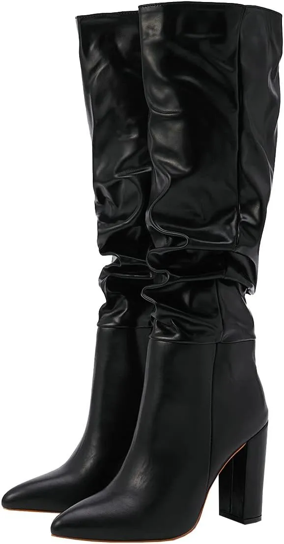 Trendenzy Women's Slouch Knee High Boots Pointed Toe Chunky Heel Long Boots