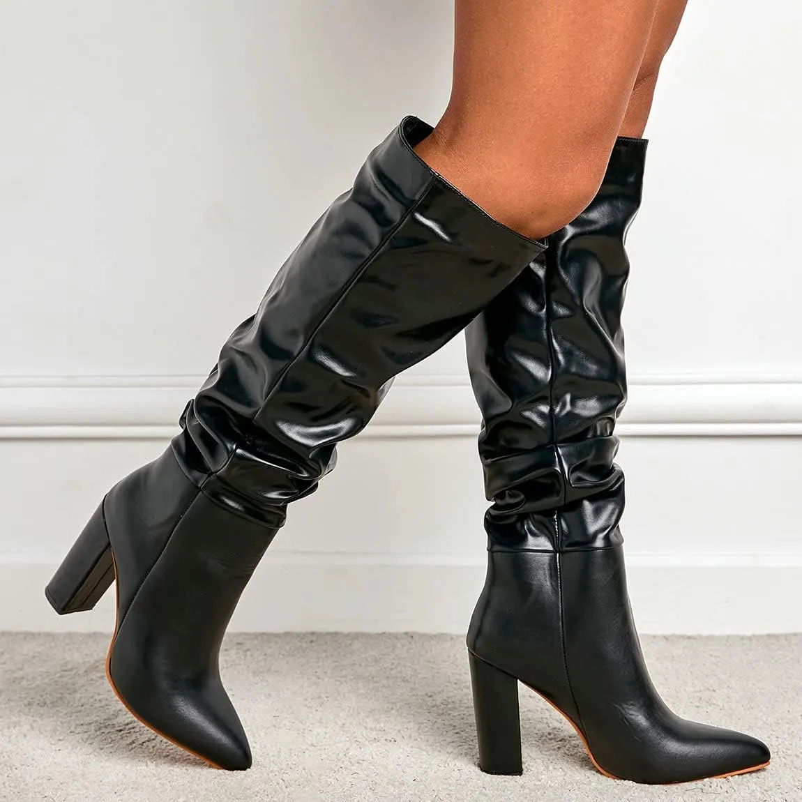 Trendenzy Women's Slouch Knee High Boots Pointed Toe Chunky Heel Long Boots
