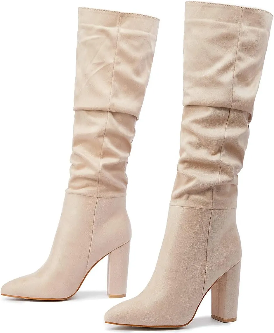 Trendenzy Women's Slouch Knee High Boots Pointed Toe Chunky Heel Long Boots