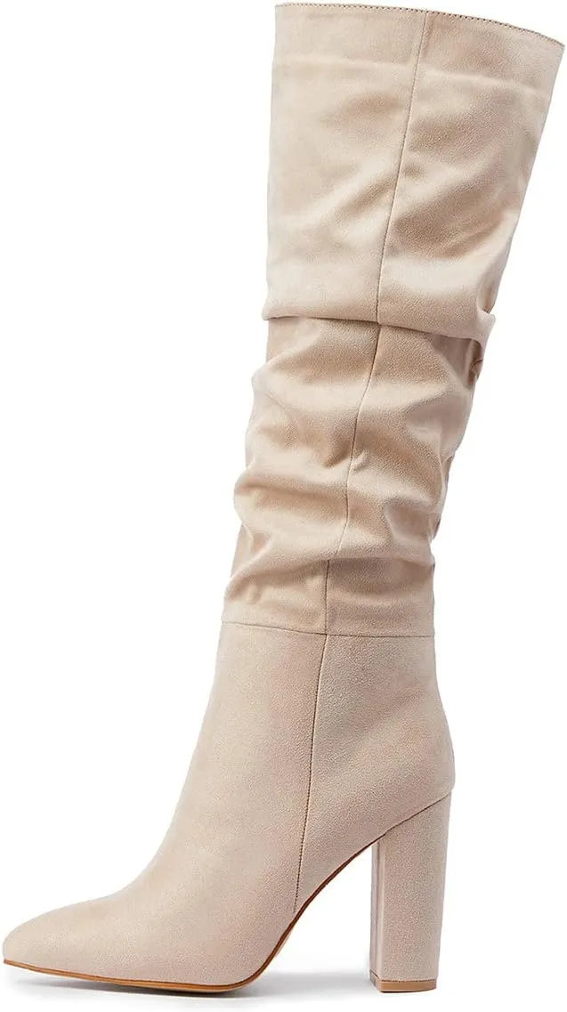 Trendenzy Women's Slouch Knee High Boots Pointed Toe Chunky Heel Long Boots