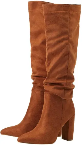 Trendenzy Women's Slouch Knee High Boots Pointed Toe Chunky Heel Long Boots