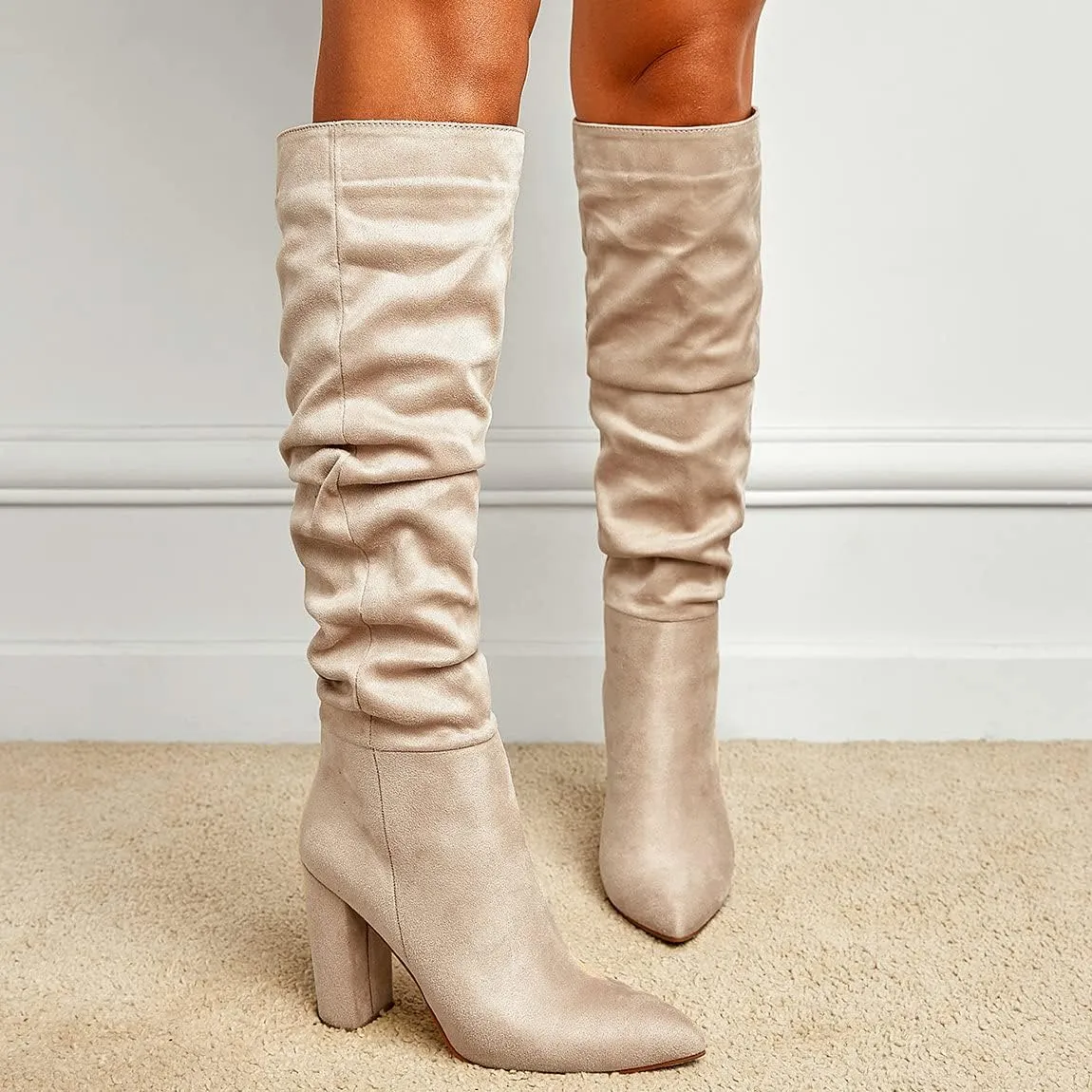 Trendenzy Women's Slouch Knee High Boots Pointed Toe Chunky Heel Long Boots