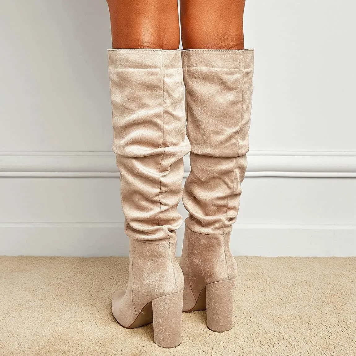 Trendenzy Women's Slouch Knee High Boots Pointed Toe Chunky Heel Long Boots