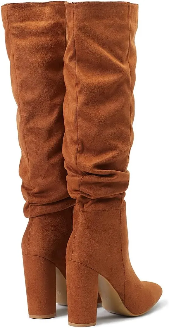 Trendenzy Women's Slouch Knee High Boots Pointed Toe Chunky Heel Long Boots