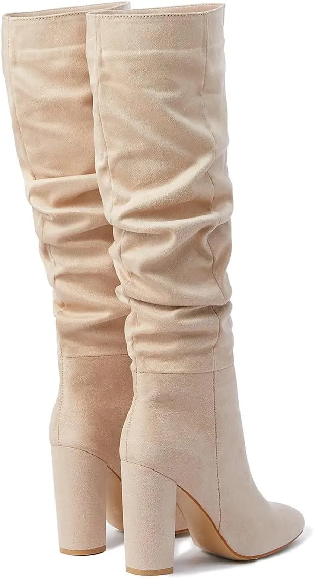 Trendenzy Women's Slouch Knee High Boots Pointed Toe Chunky Heel Long Boots