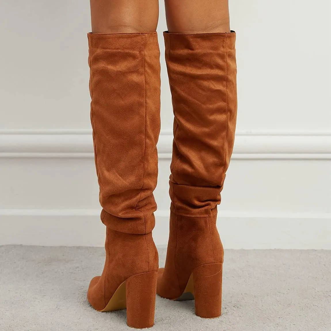 Trendenzy Women's Slouch Knee High Boots Pointed Toe Chunky Heel Long Boots