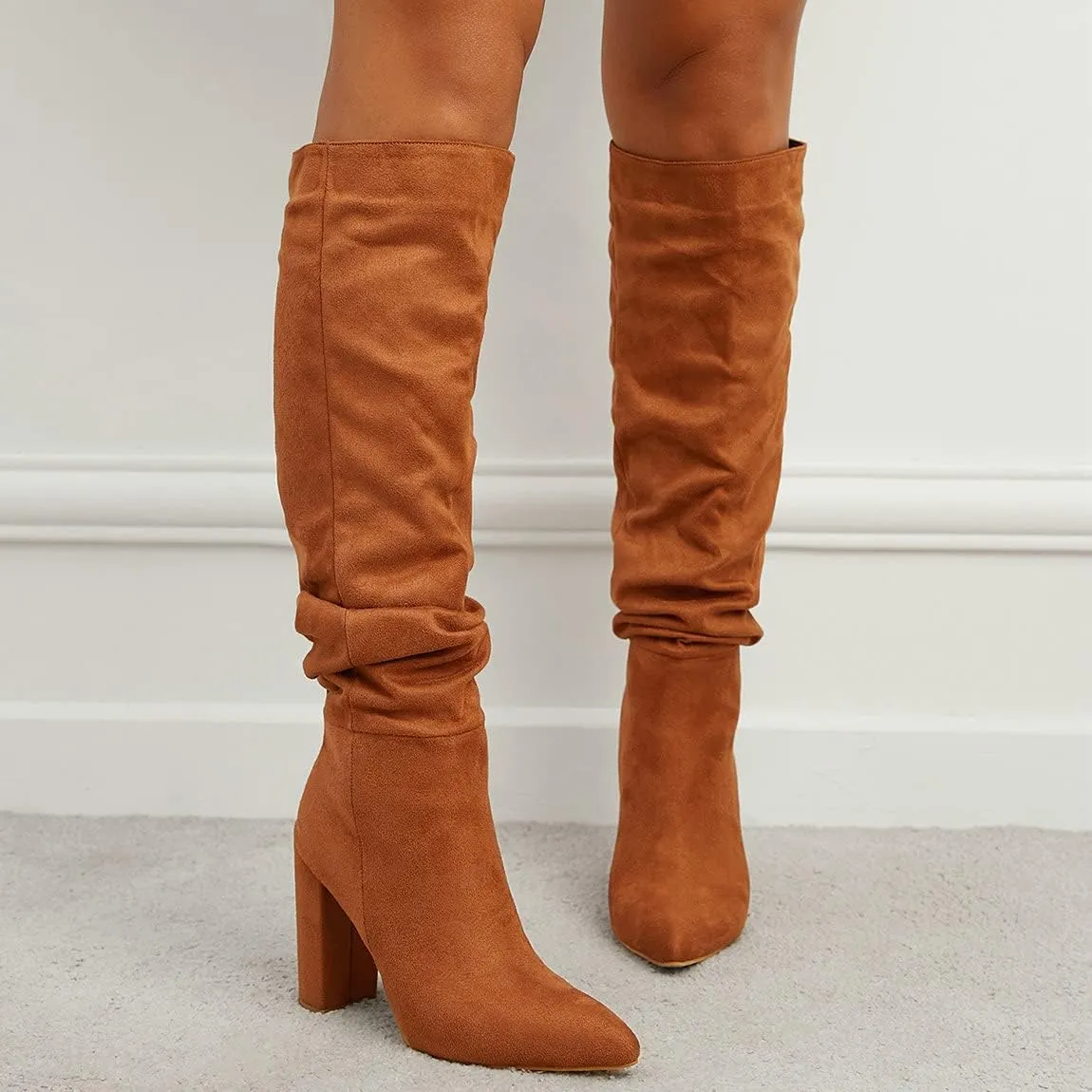 Trendenzy Women's Slouch Knee High Boots Pointed Toe Chunky Heel Long Boots