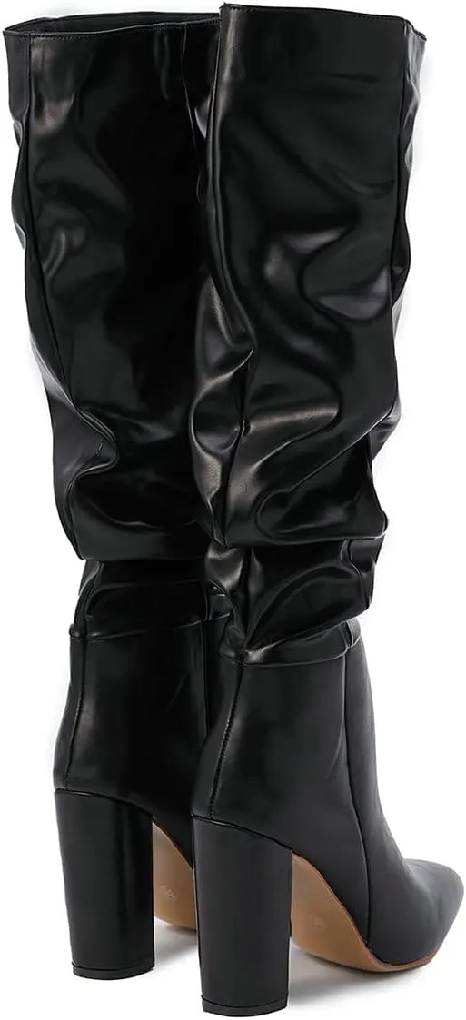Trendenzy Women's Slouch Knee High Boots Pointed Toe Chunky Heel Long Boots