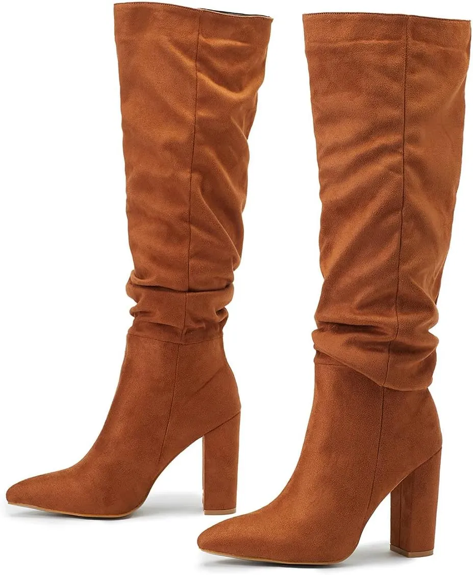 Trendenzy Women's Slouch Knee High Boots Pointed Toe Chunky Heel Long Boots