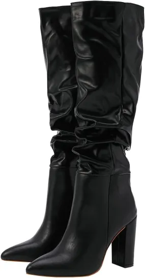 Trendenzy Women's Slouch Knee High Boots Pointed Toe Chunky Heel Long Boots