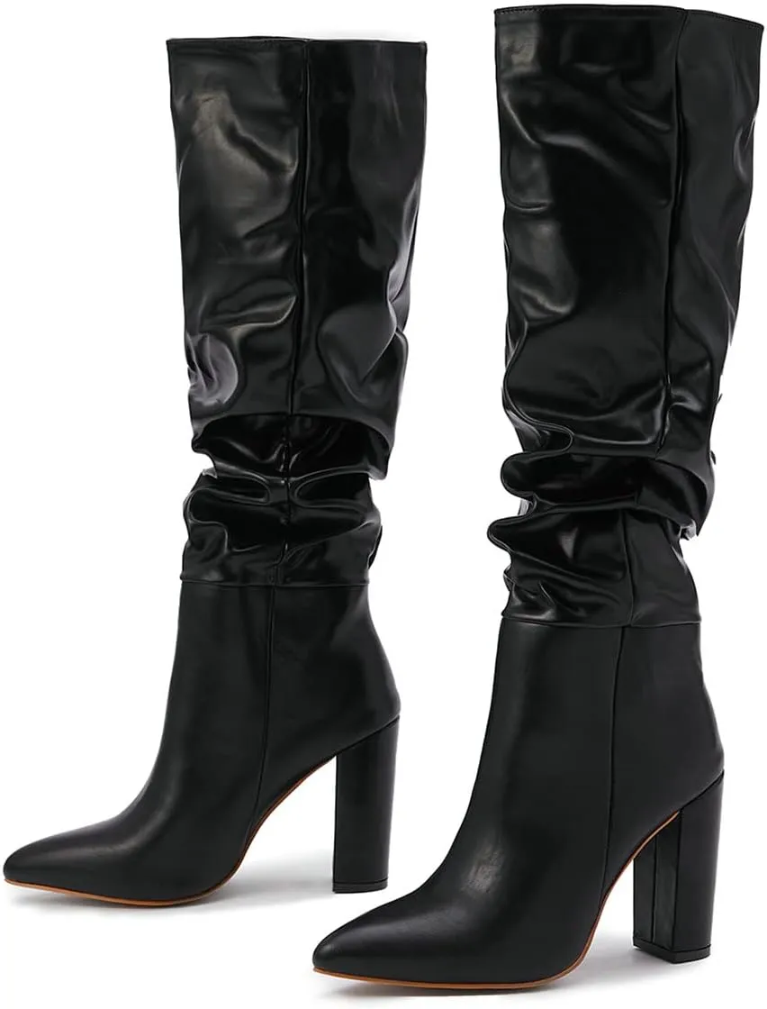Trendenzy Women's Slouch Knee High Boots Pointed Toe Chunky Heel Long Boots
