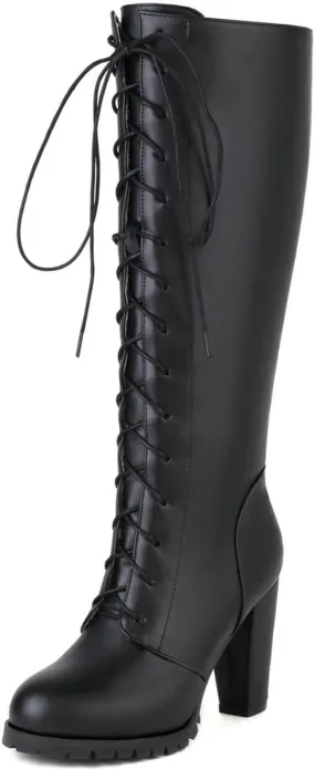 UniqueStride Womens Lace Up High Heel Knee High Boots Chunky Platform Heels Side Zipper Boot