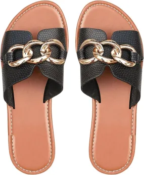 Verdusa Women's Open Toe Chain Flat Sandals Faux Leather Summer Slippers Slip on Slides
