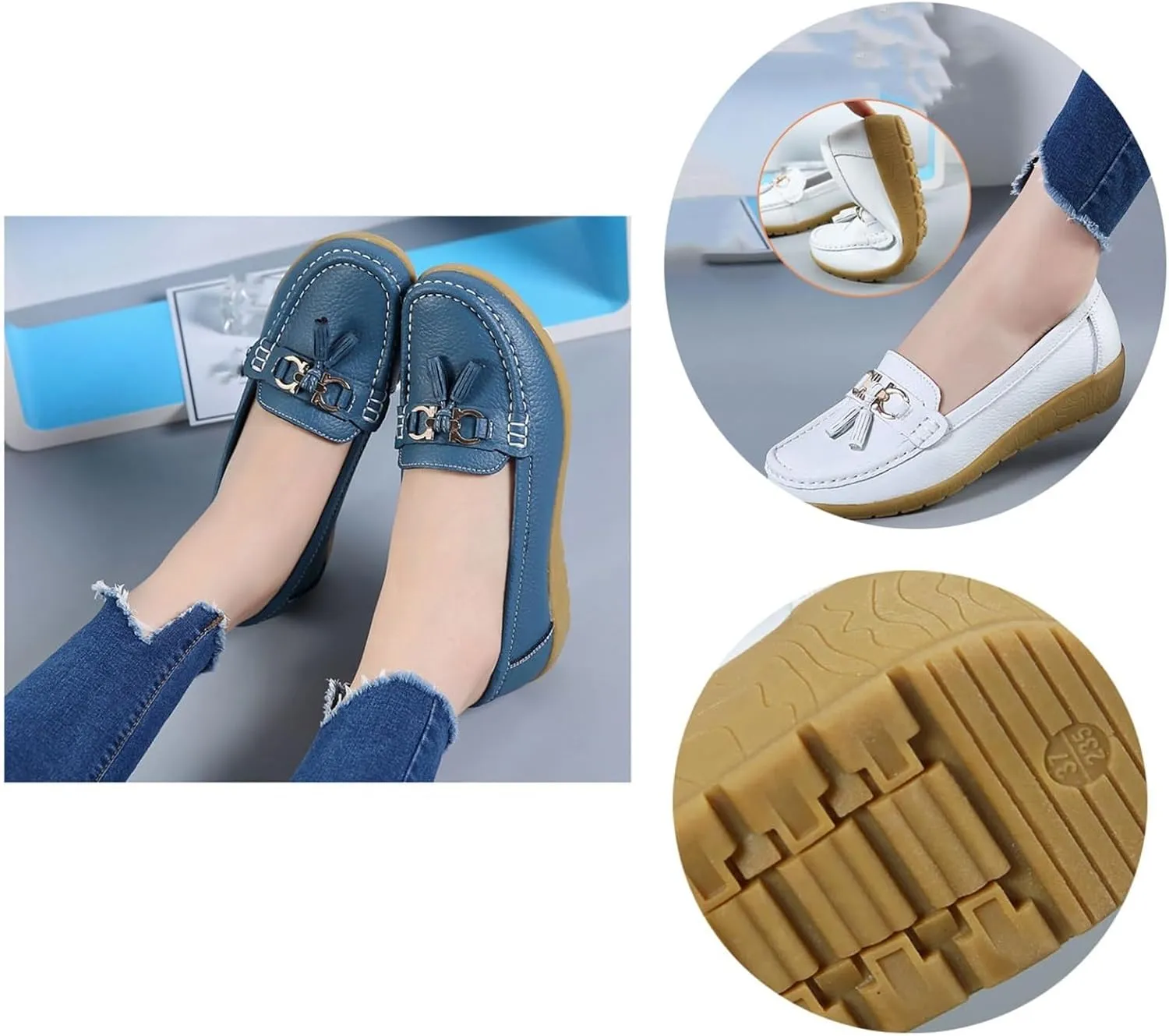 Women Non-Slip Moccasins, Women's Comfortable Leather Tassel Slip-On Breathable Nurse Loafers, with Flat Boat Socks 2 Pairs, with Metal Decoration Driving Shoes, for Mother's Day