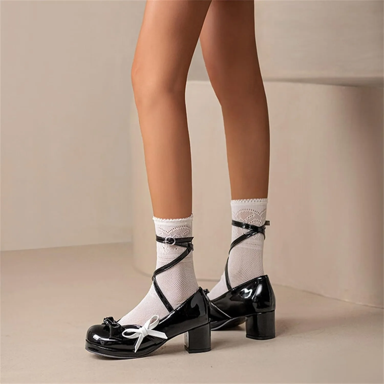 Women's Fashionable Bright Leather Lolita Bow Decorated Casual Thick Heel Sandals Women Party Sandals Low Surge 2 Womens