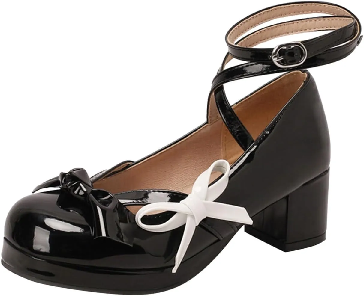 Women's Fashionable Bright Leather Lolita Bow Decorated Casual Thick Heel Sandals Women Party Sandals Low Surge 2 Womens