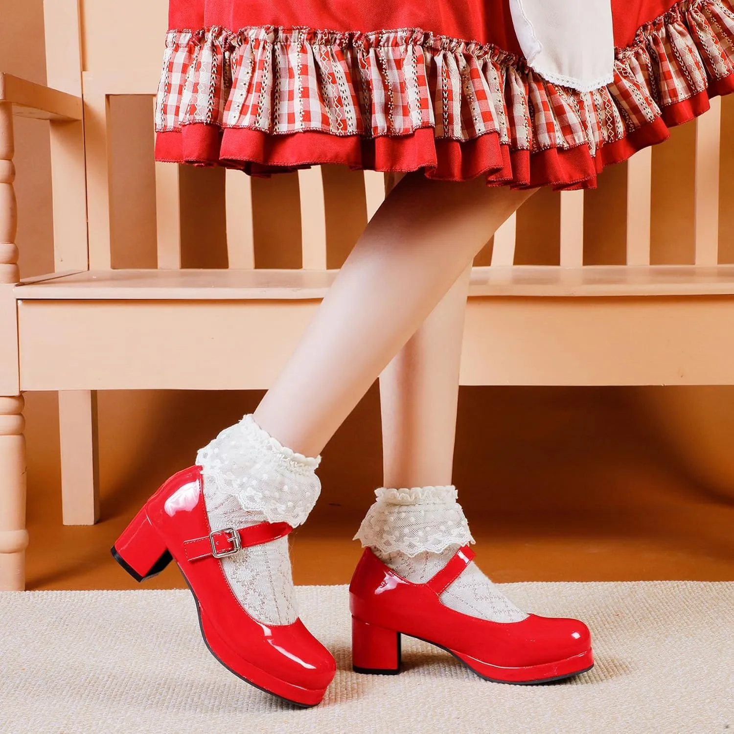 Womens Lolita Shoes Patent Leather Mary Jane Platform Chunky Heeled Pumps