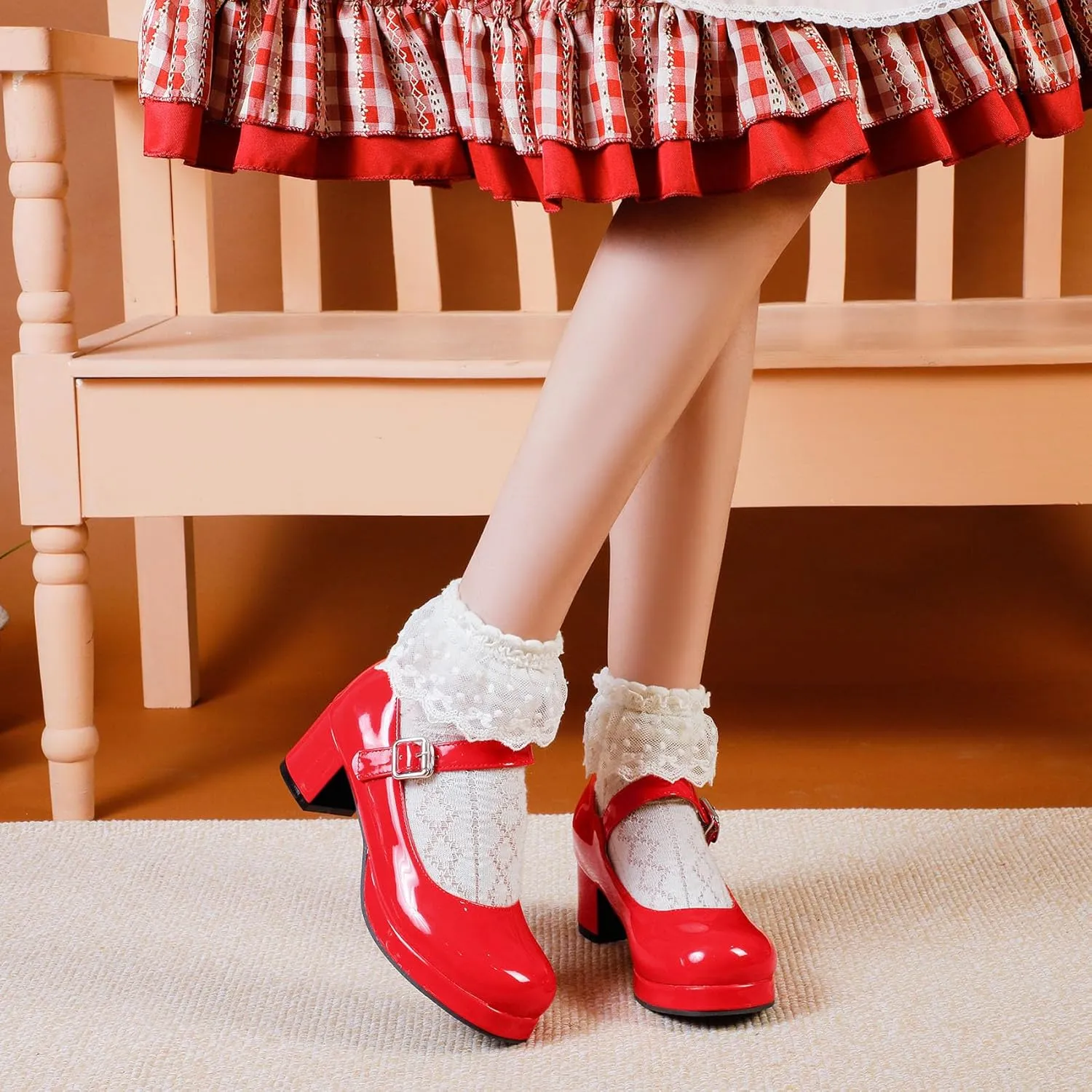 Womens Lolita Shoes Patent Leather Mary Jane Platform Chunky Heeled Pumps