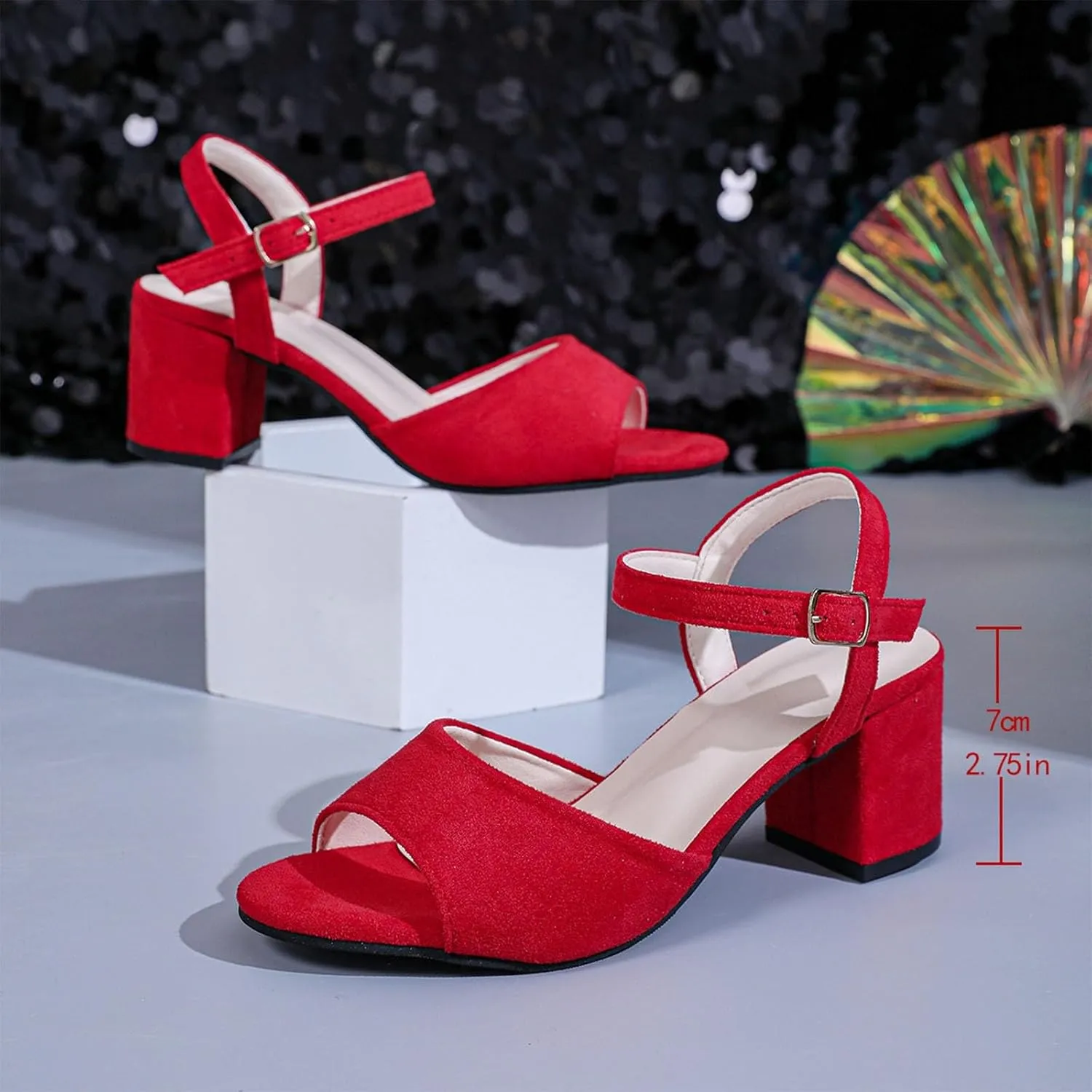 Women's Low Block Heels for Women Fishmouth Ankle Strap Chunky Heel Sandals Satin Ballroom Latin Salsa Dance Shoes