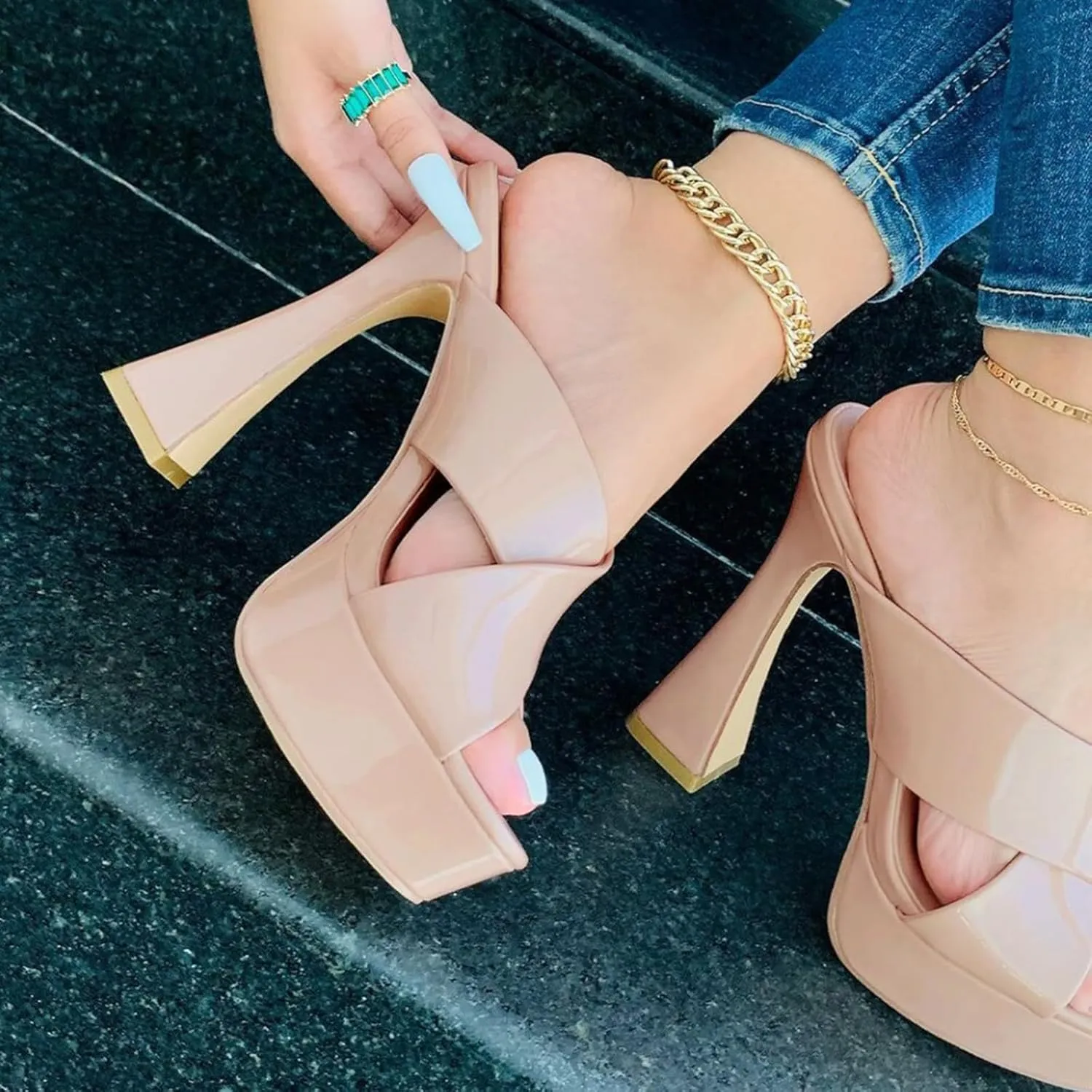 Women's Patent Leather Platform Chunky High Heel Mules Sandals,Comfortable Square Open Toe Block Heel Sandals, Sexy Party Dancing High Heels