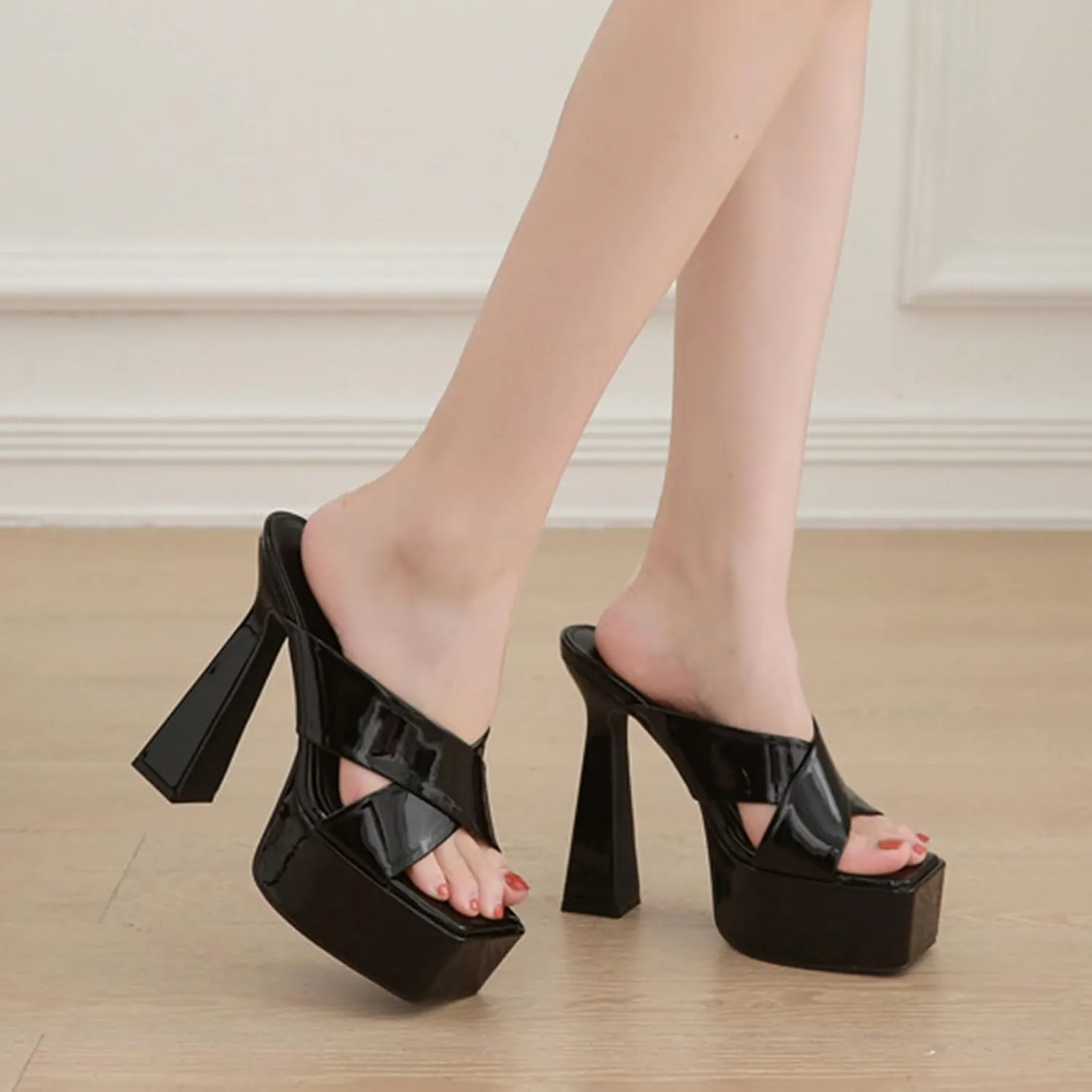 Women's Patent Leather Platform Chunky High Heel Mules Sandals,Comfortable Square Open Toe Block Heel Sandals, Sexy Party Dancing High Heels